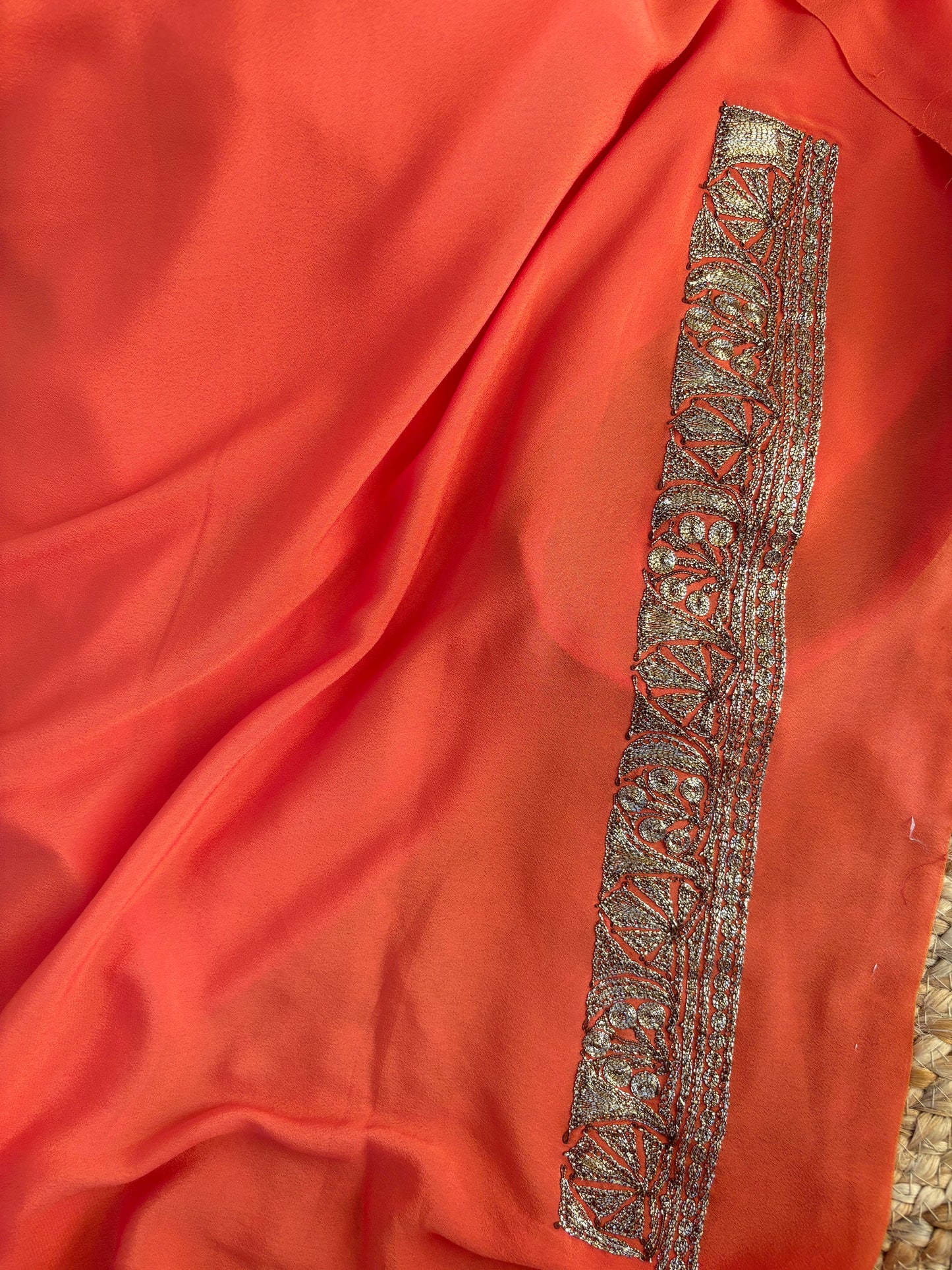 Mahren Pastel Pastel Orange Crepe Saree With Kashmiri Tilla Embroidery