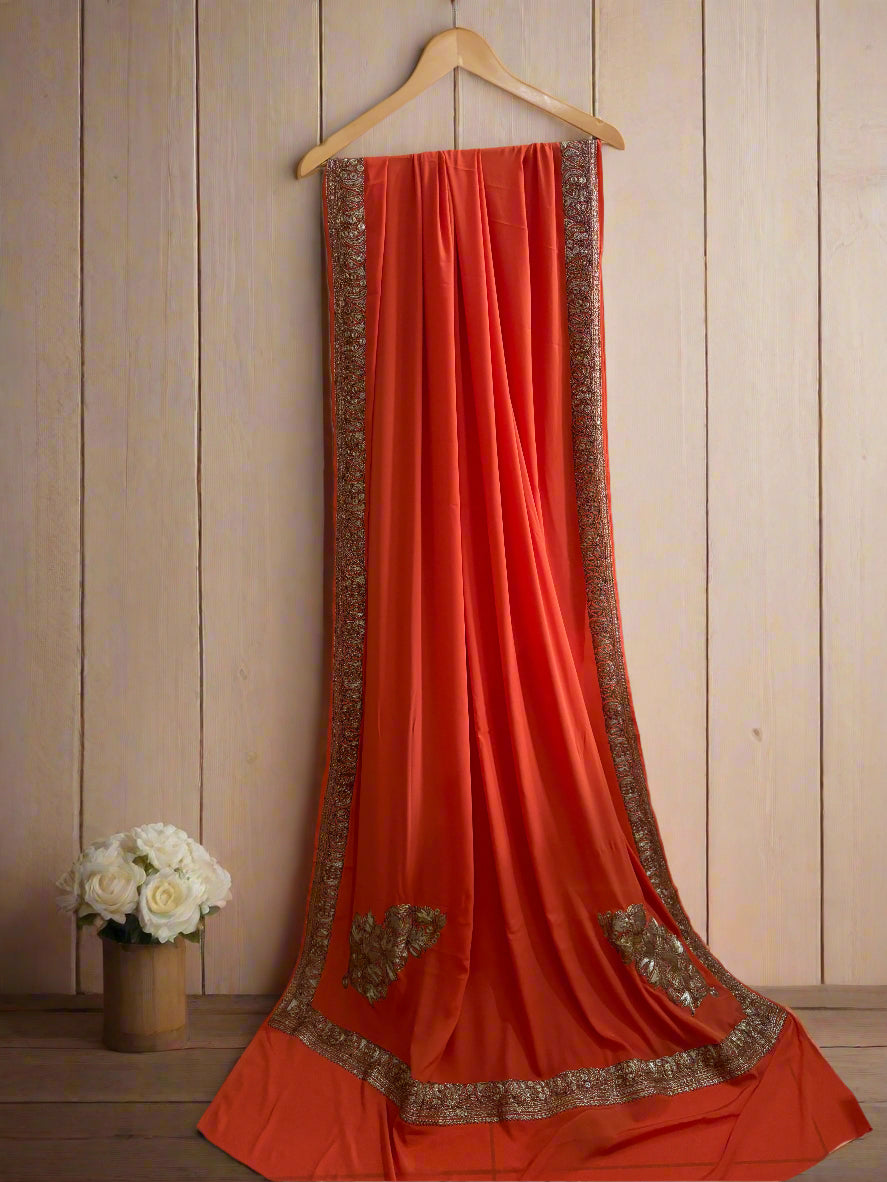Mahren Pastel Pastel Orange Crepe Saree With Kashmiri Tilla Embroidery