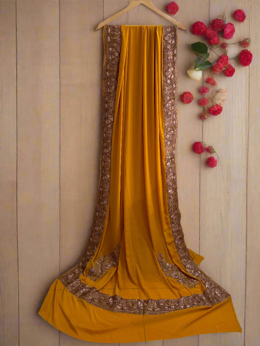 Mahren Mustard Crepe Saree With Kashmiri Tilla Embroidery