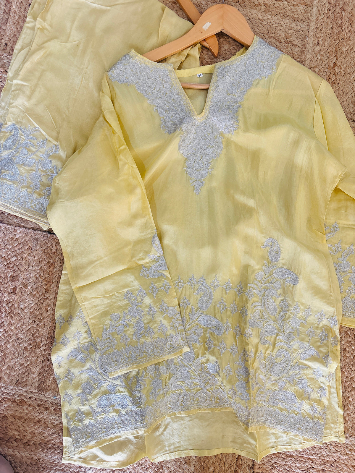 Pamposh Pastel Yellow with Zari Tilla Aari Embroidered Kurta Set