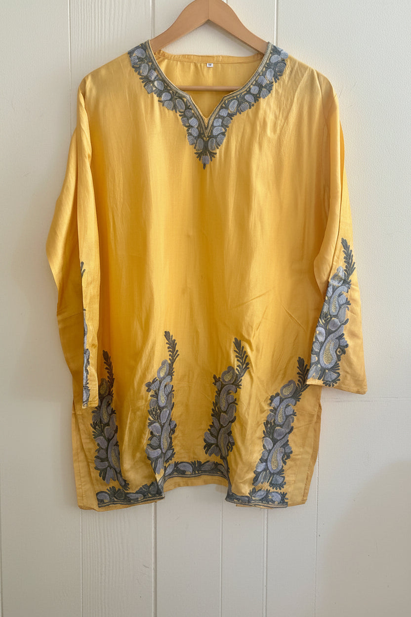 Pamposh Yellow with Zari Tilla & Aari Embroidered SILK Kurta