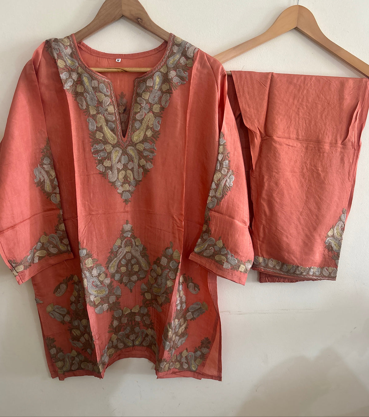 Pastel Peach with Zari Tilla Aari Embroidered Kurta Set