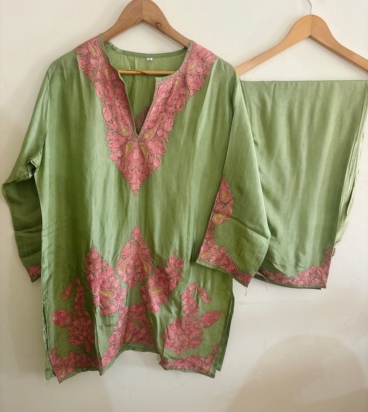 Pastel Green with Zari Tilla Aari Embroidered Kurta Set