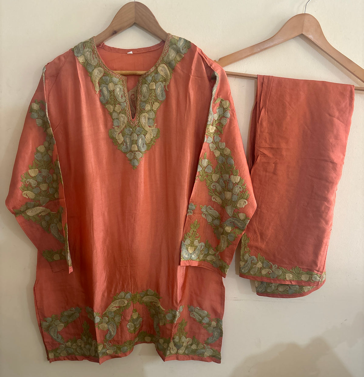 Peach with Zari Tilla Aari Embroidered Kurta Set