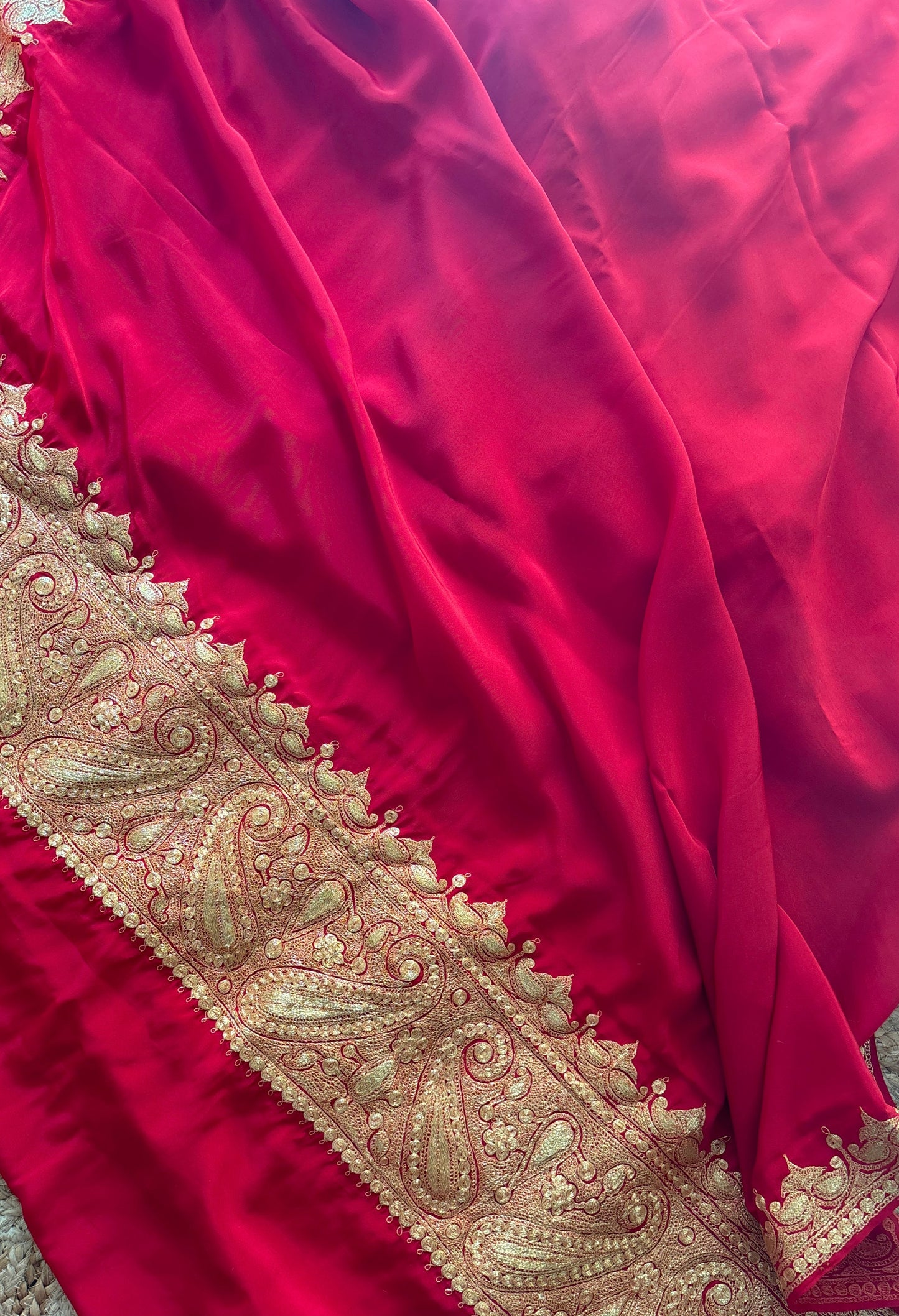 Nayna Red Crepe Tilla Saree with Kasmiri Tilla Embroidery