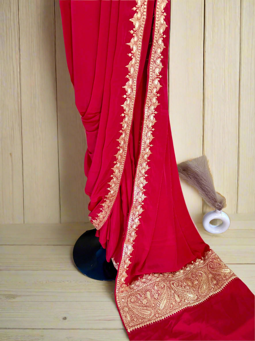 Nayna Red Crepe Tilla Saree with Kasmiri Tilla Embroidery
