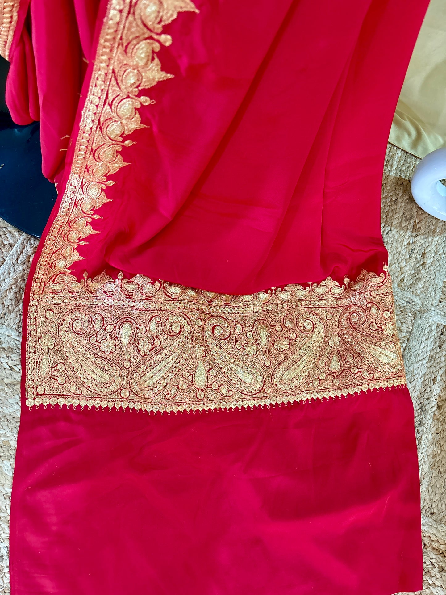 Nayna Red Crepe Tilla Saree with Kasmiri Tilla Embroidery