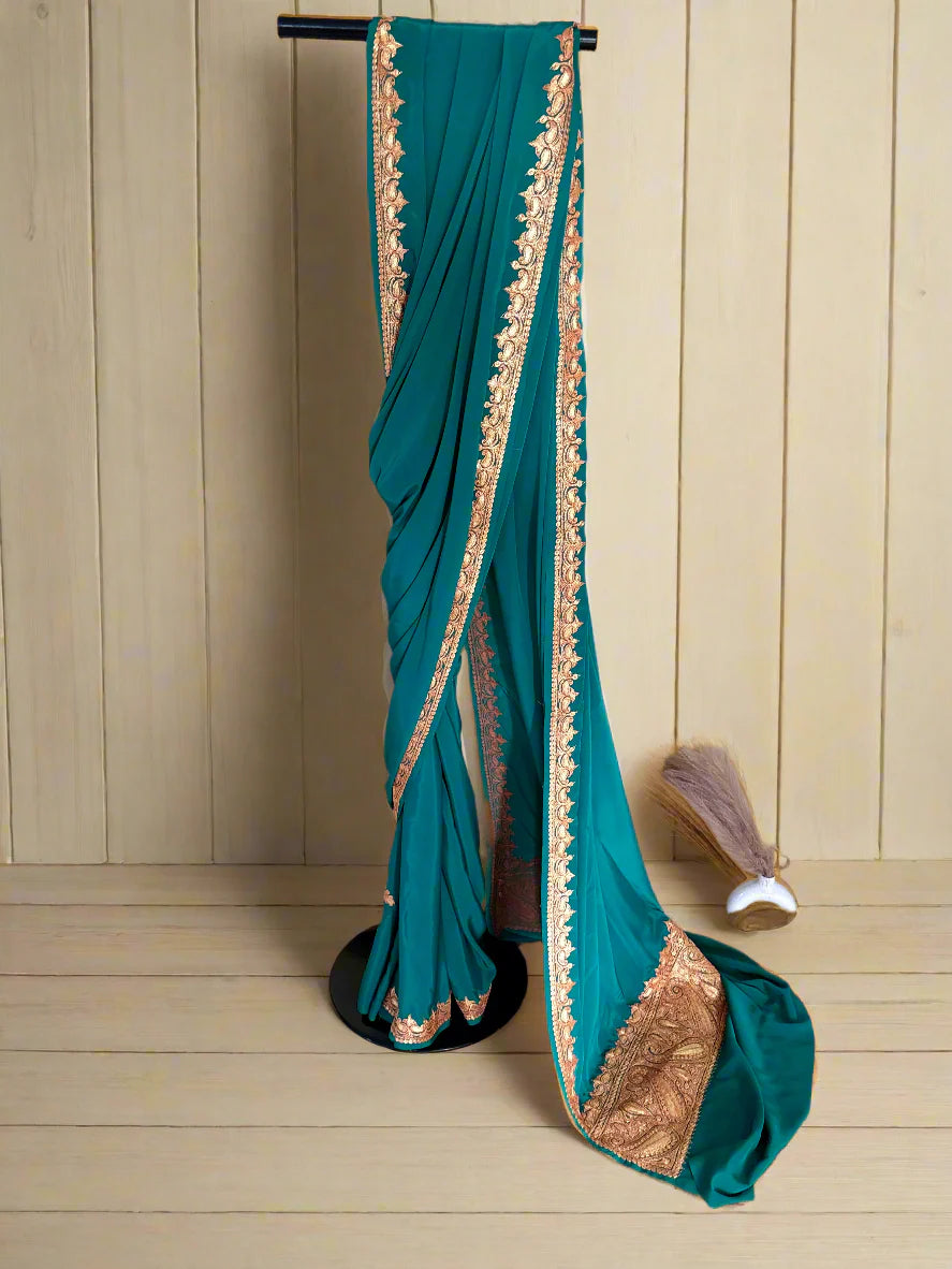 Nayna Sea Green Crepe Tilla Saree with Kasmiri Tilla Embroidery