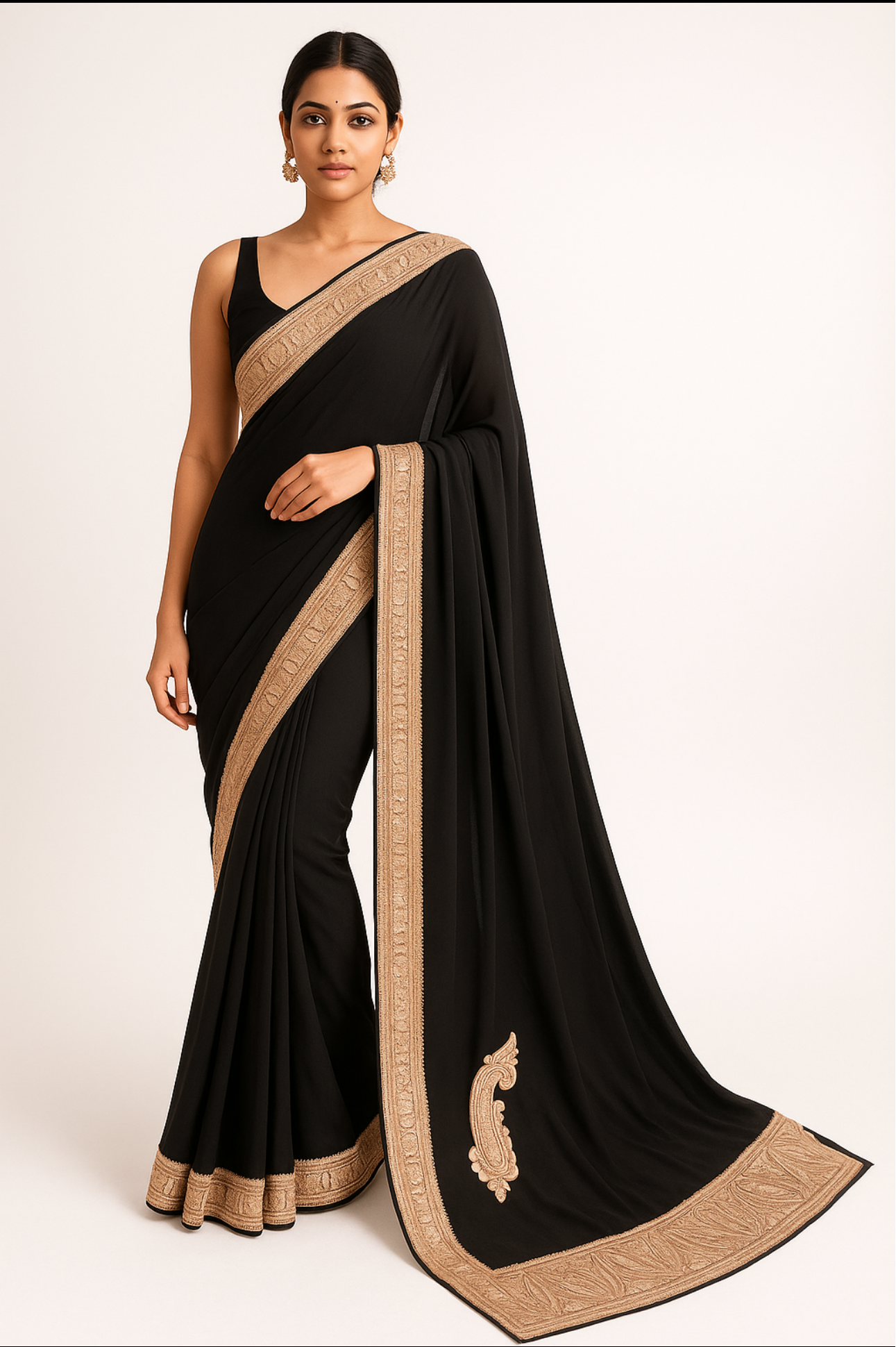 Mahren Black Crepe Saree With Premium Kashmiri Tilla Embroidery