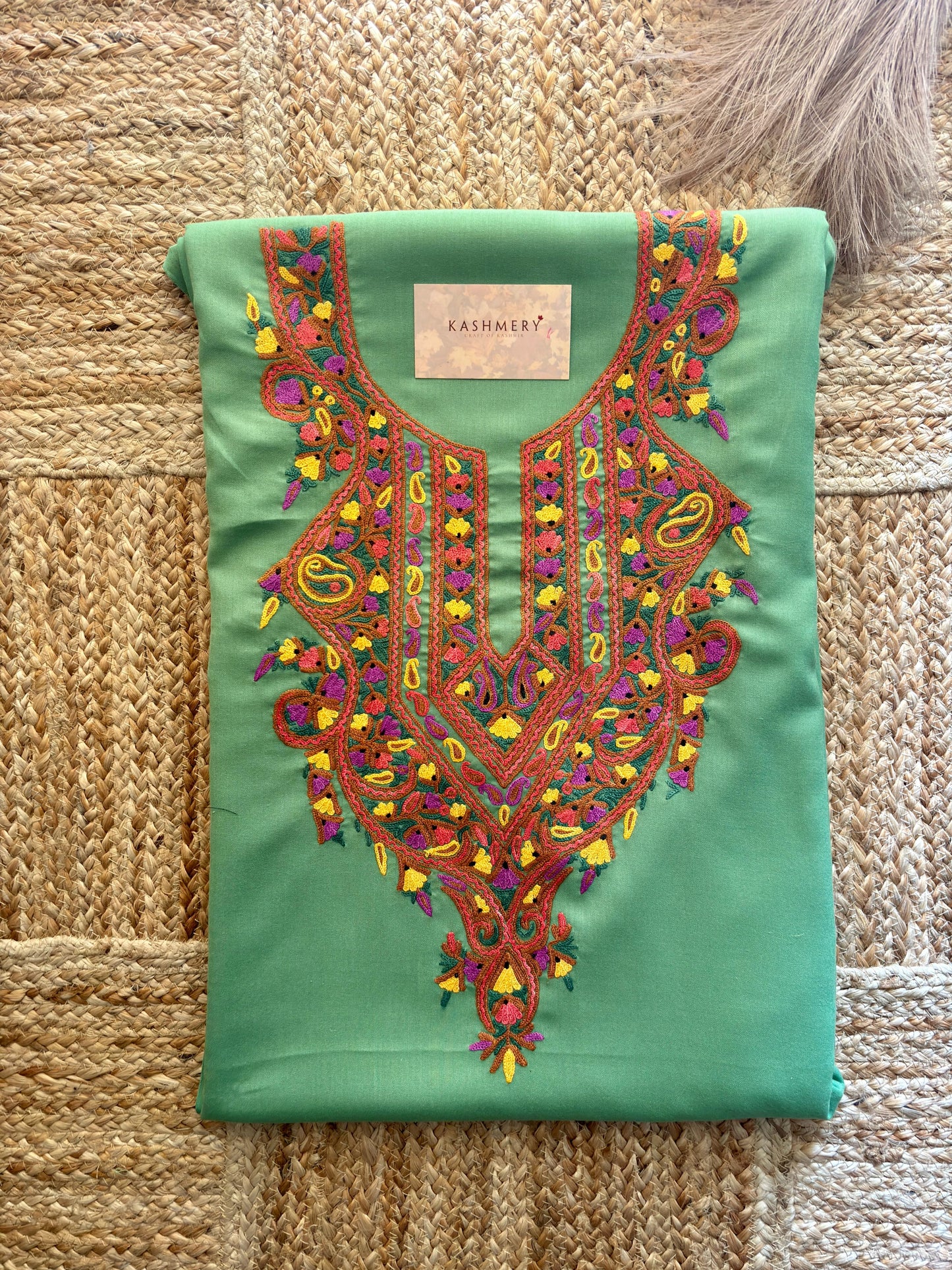 Naari Pastel Green Handmade with Blue Aari Embroidered Unstitched Suit – Summer Edition