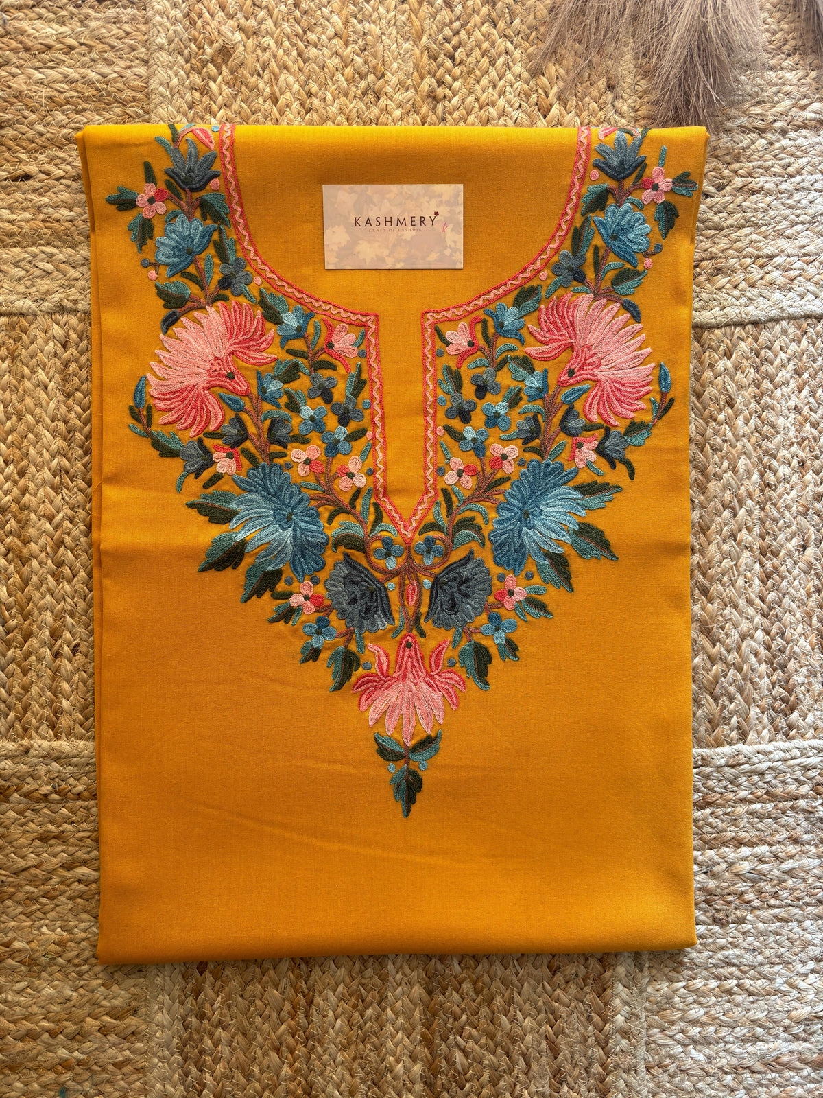 Naari Mustard Handmade Aari Embroidered Unstitched Suit – Summer Edition