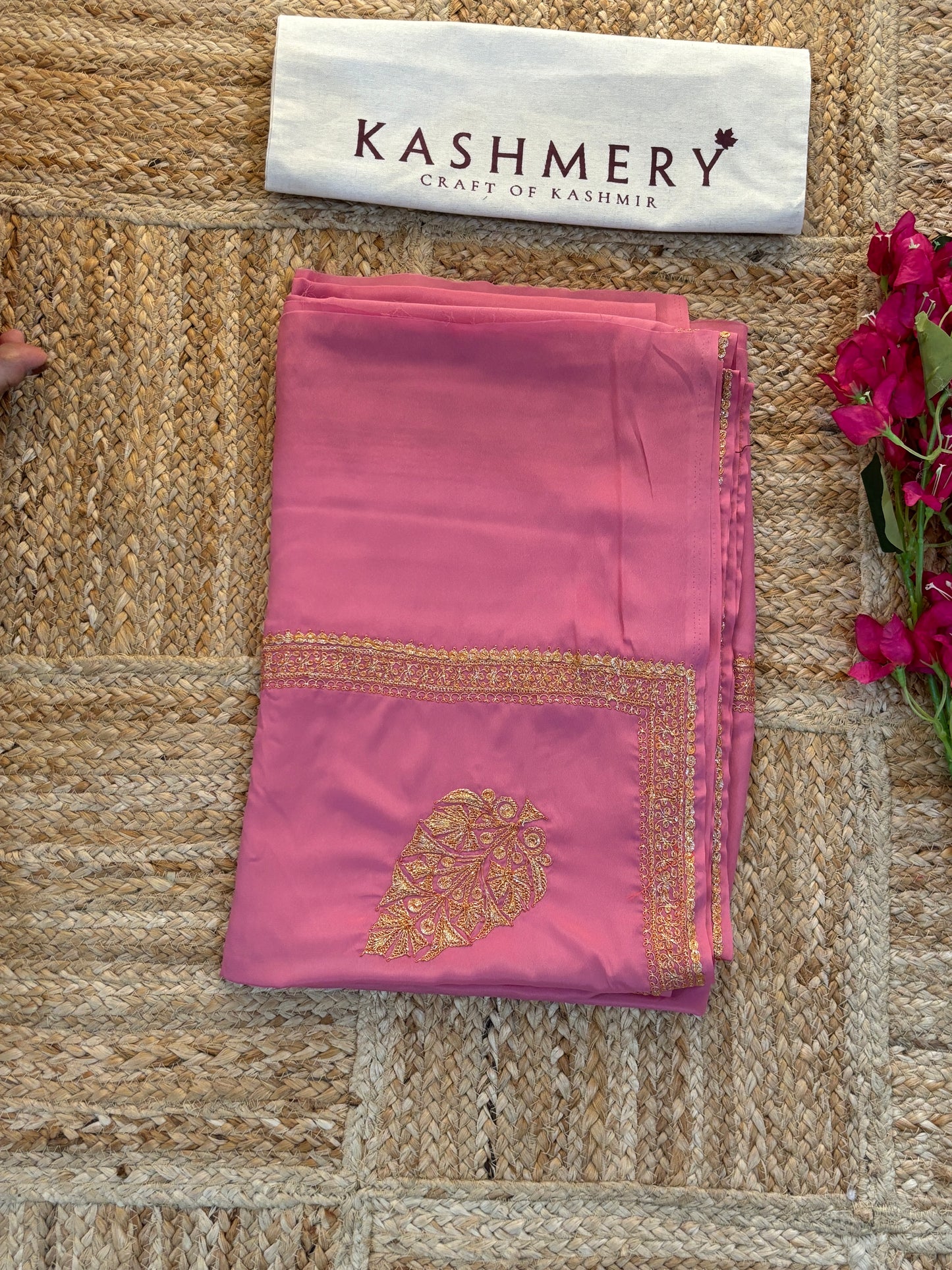 Pamposh Soft Pink Crepe Saree with Kashmiri Tilla Embroidery