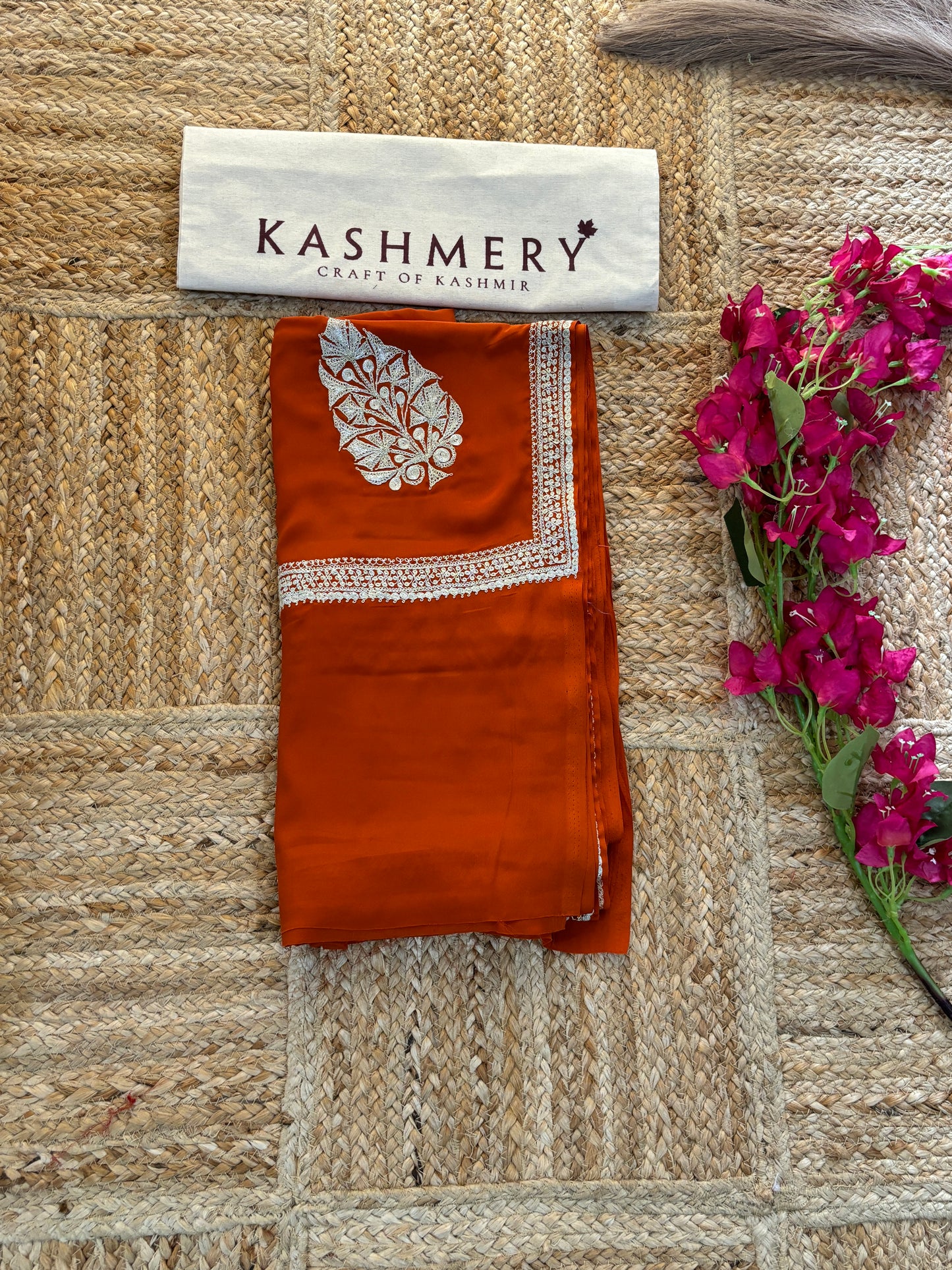 Pamposh Rust Orange Crepe Saree with Kashmiri Tilla Embroidery