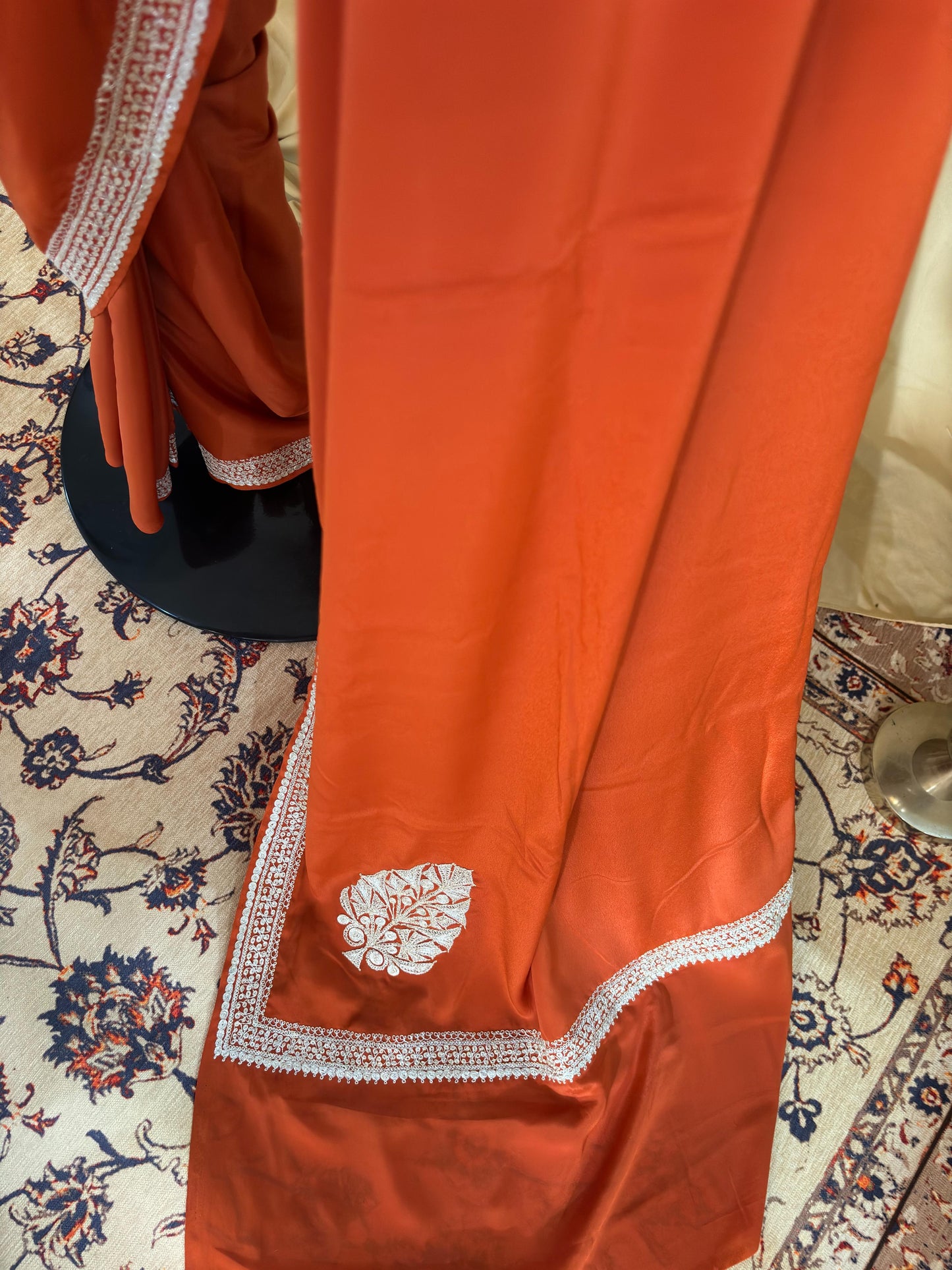 Pamposh Rust Orange Crepe Saree with Kashmiri Tilla Embroidery