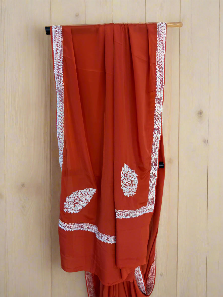 Pamposh Rust Orange Crepe Saree with Kashmiri Tilla Embroidery