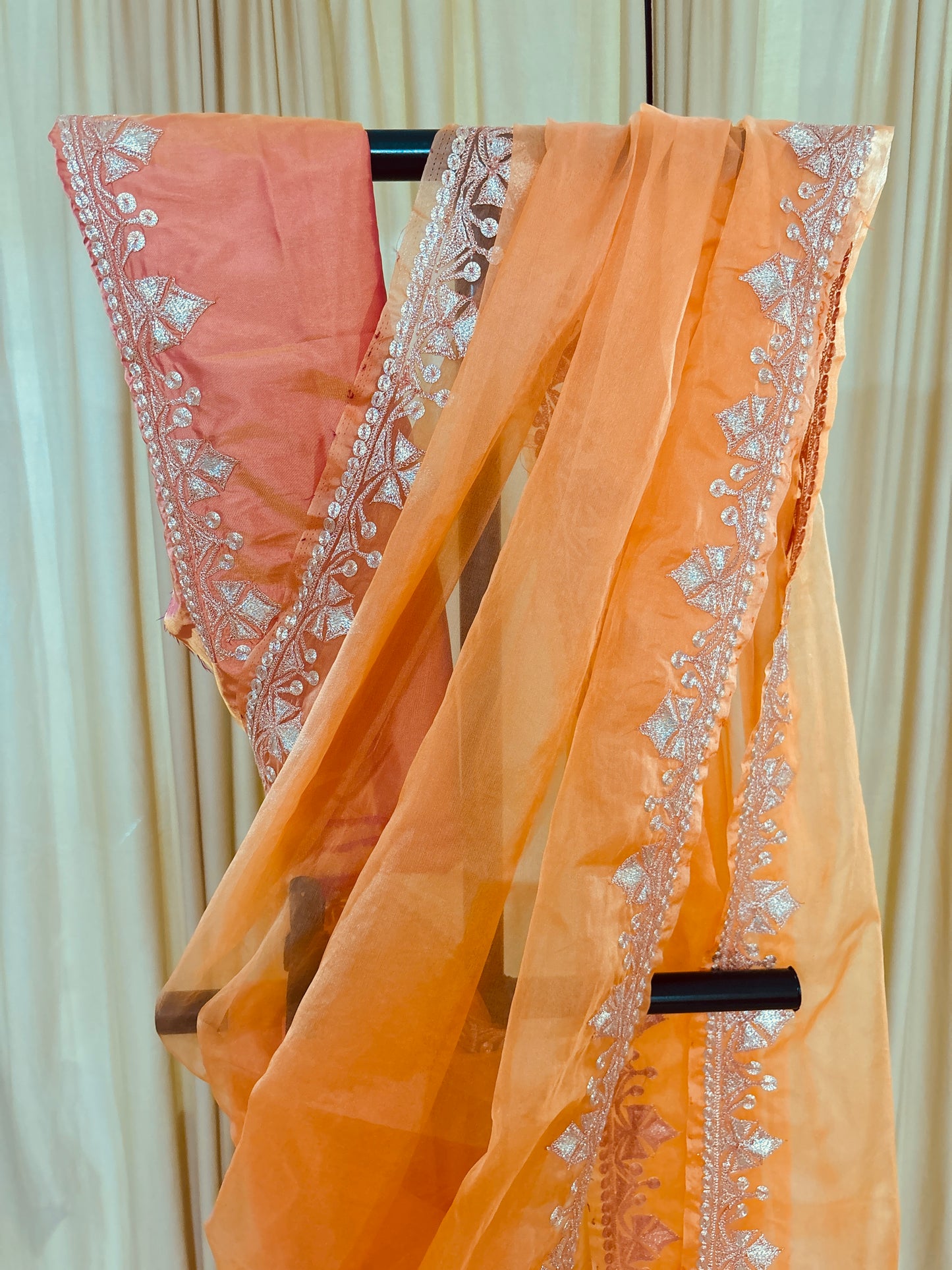 Madhuri Peach Organza Saree With Kashmiri Tilla Embroidery