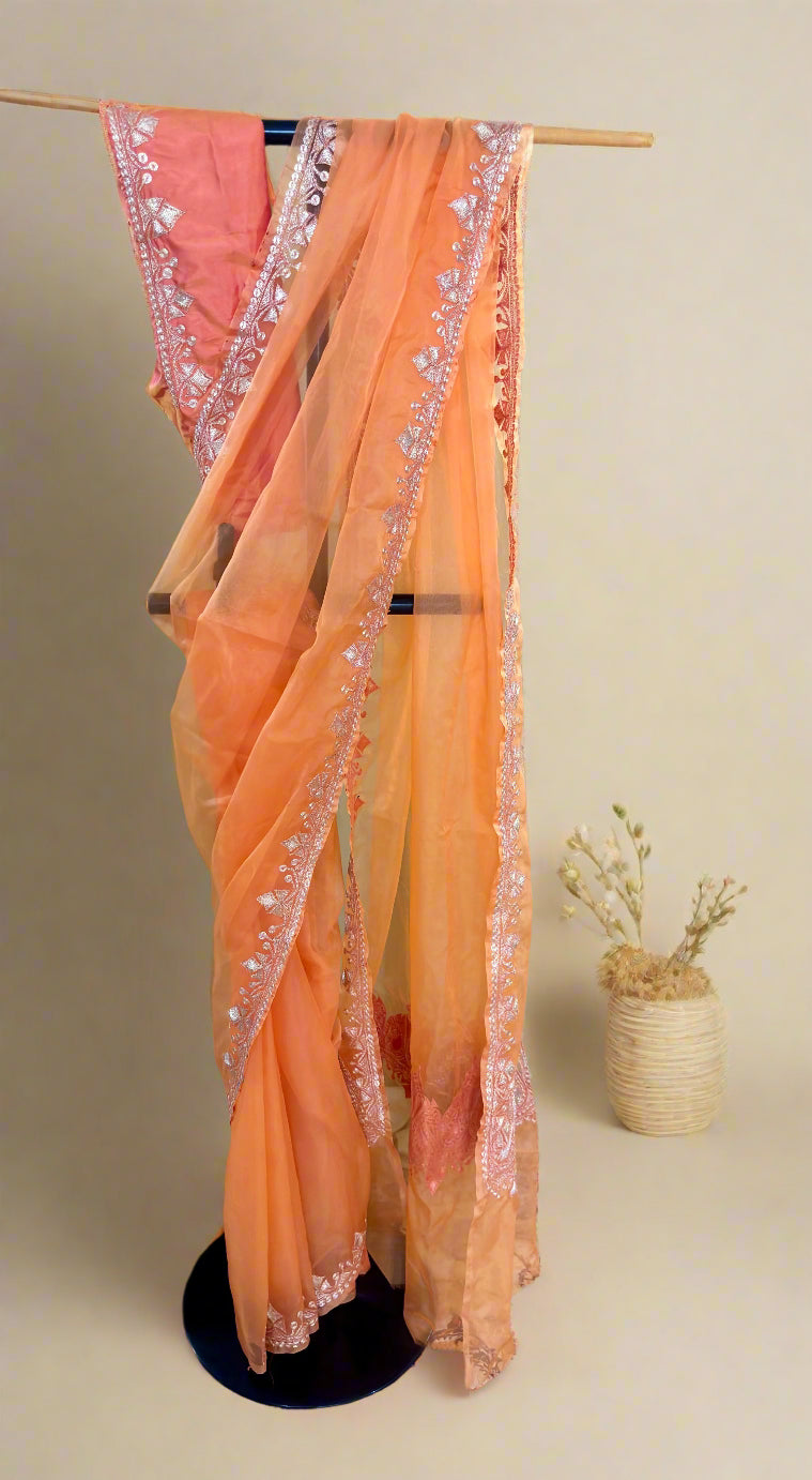 Madhuri Peach Organza Saree With Kashmiri Tilla Embroidery