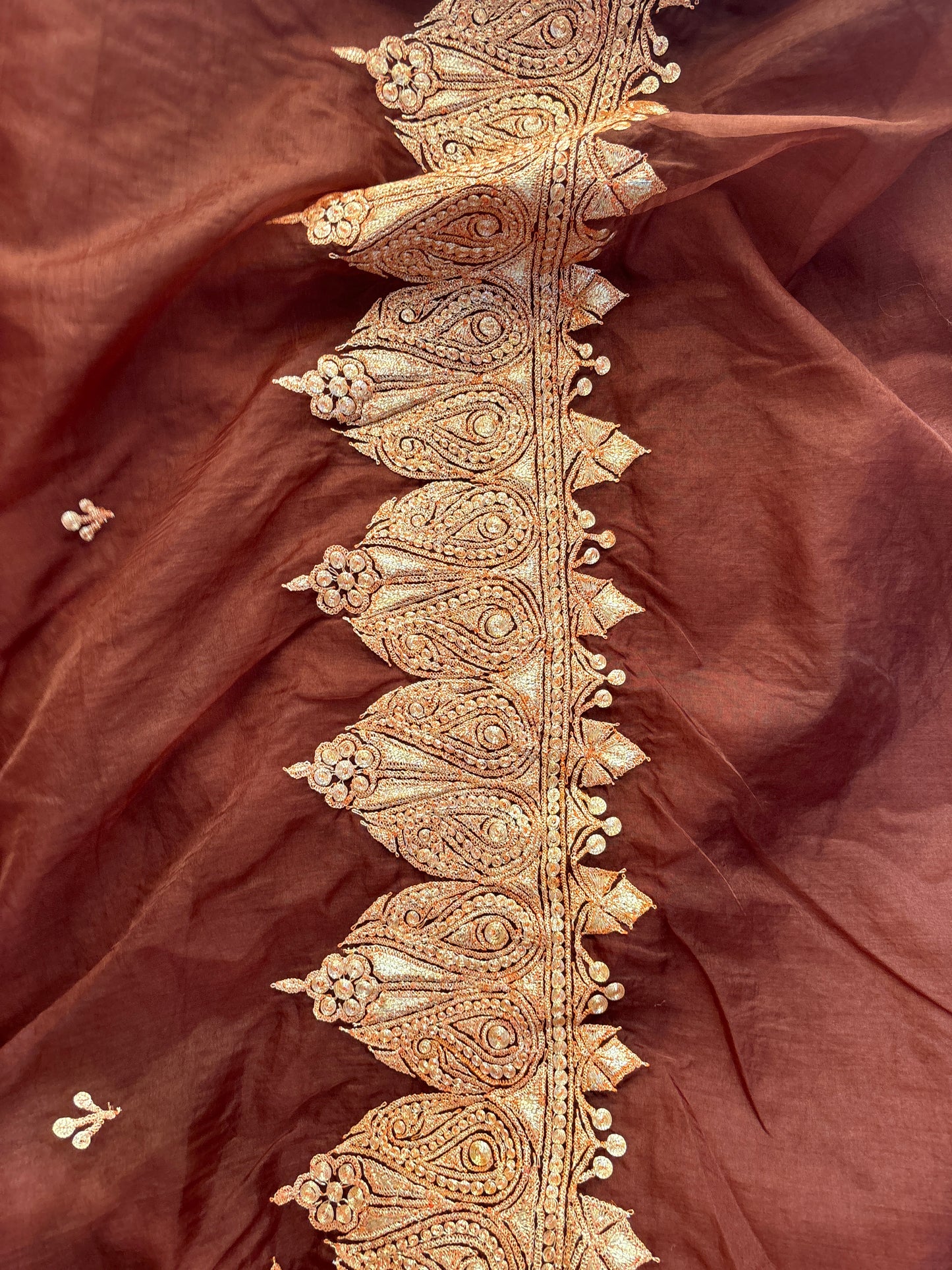 Madhuri Brown Organza Saree With Kashmiri Tilla Embroidery