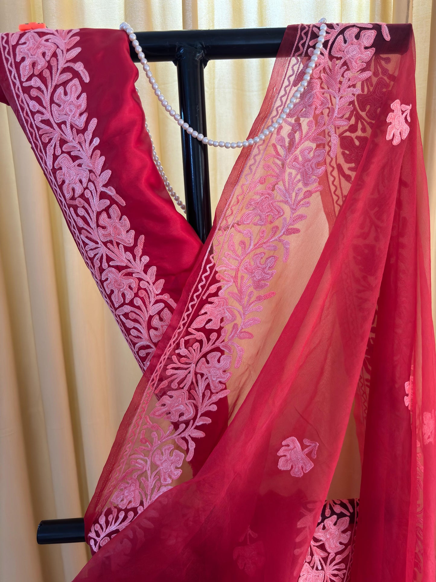 Noor Red Organza Saree With Kashmiri Aari Embroidery