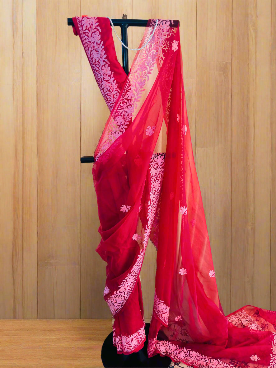 Noor Red Organza Saree With Kashmiri Aari Embroidery