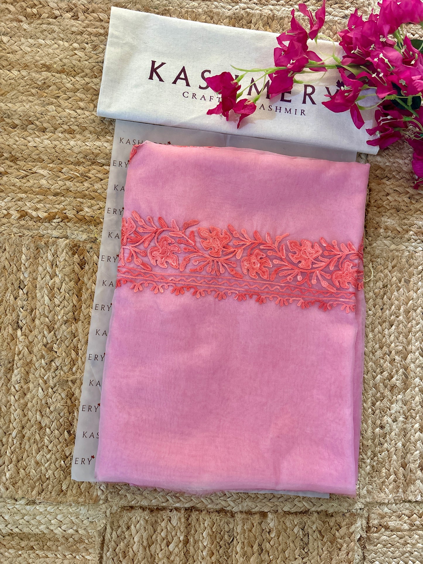 Noor Pink Organza Saree With Kashmiri Aari Embroidery