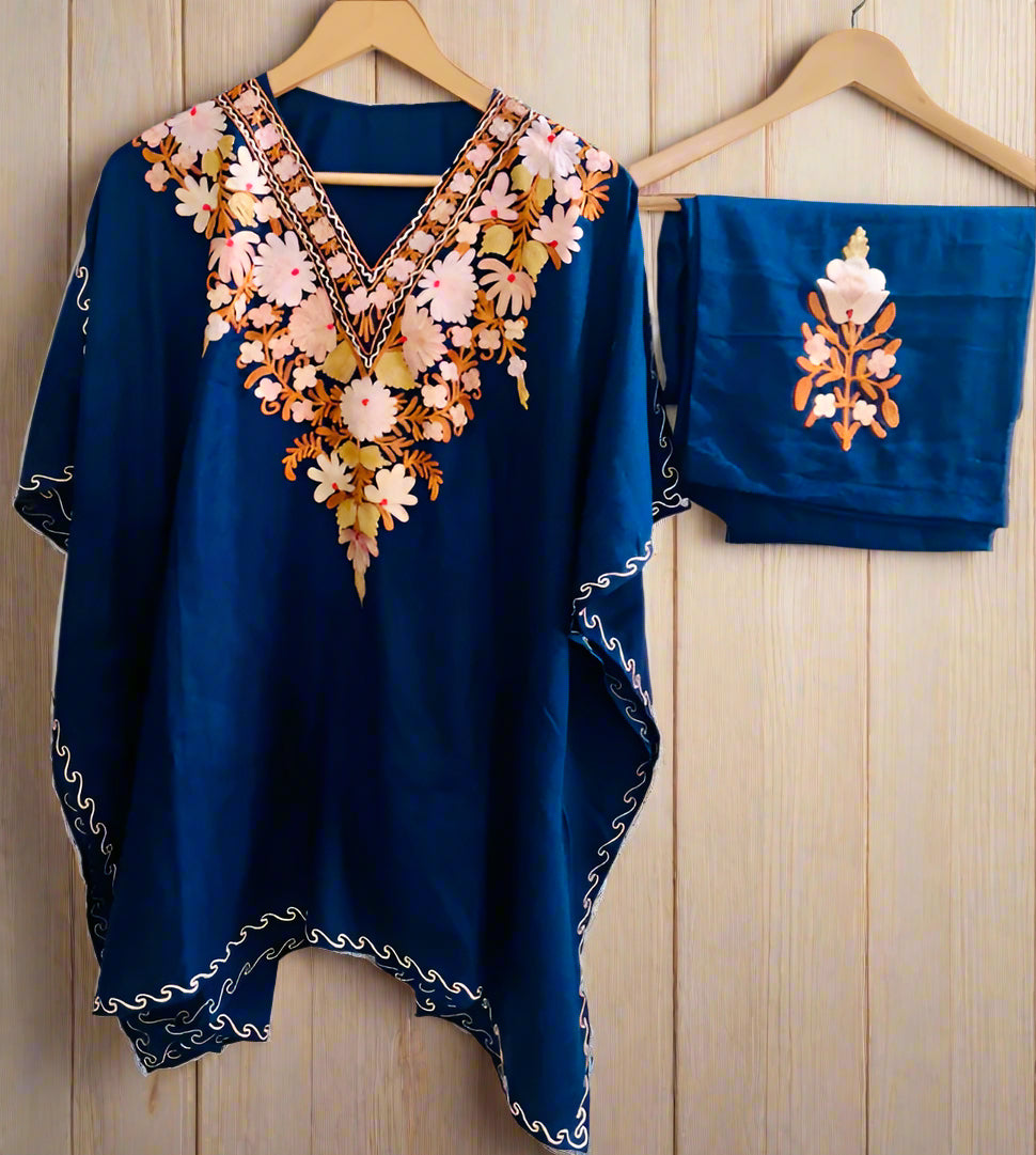 Heer Navy Blue Short Aari Work Kaftan Set