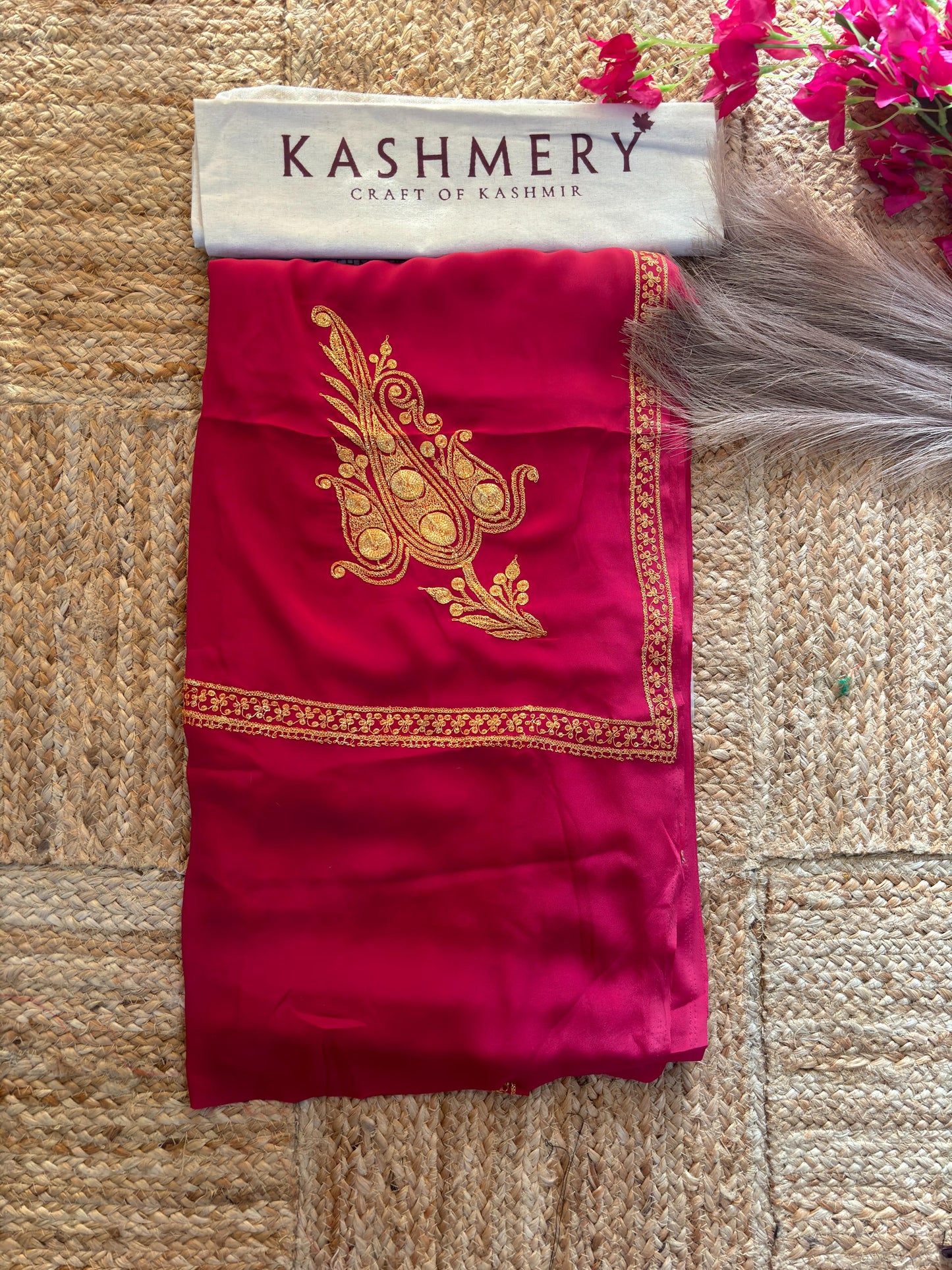 Omang Pink Crepe Saree with Kashmiri Tilla Embroidery