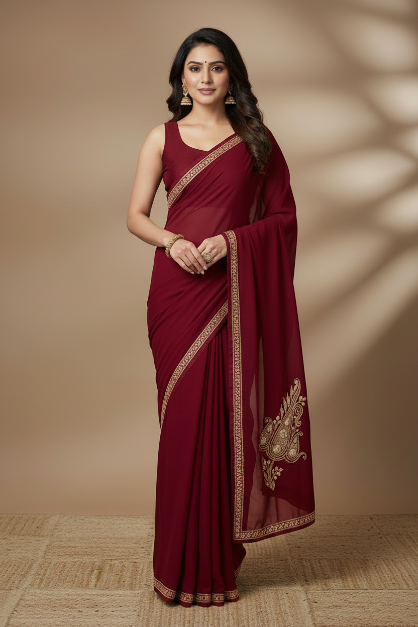 Omang Maroon Crepe Saree with Kashmiri Tilla Embroidery