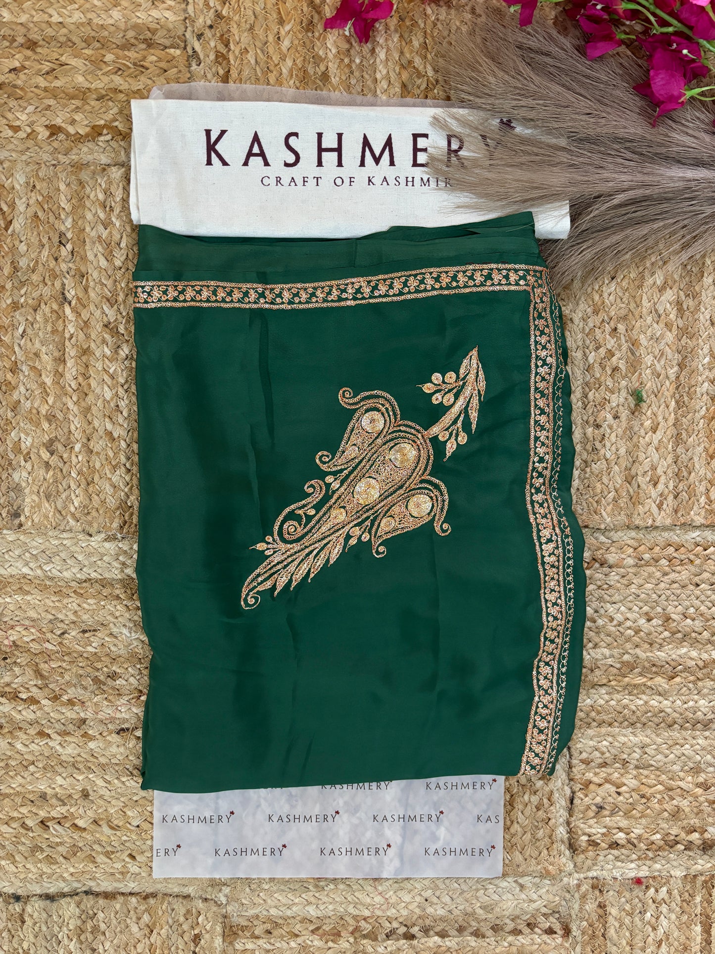 Omang Greenish Crepe Saree with Kashmiri Tilla Embroidery
