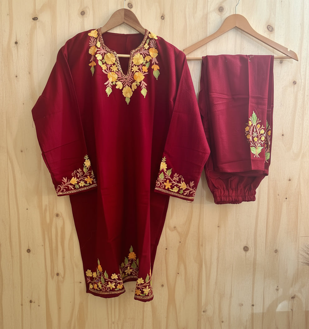 Gulaab Maroon Aari Embroidery Work Phiran Cord Set for Winter