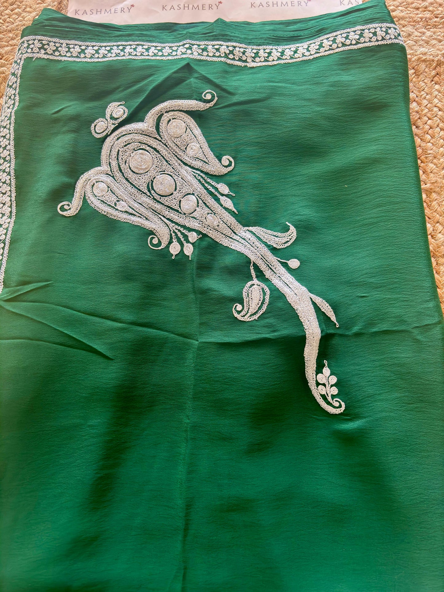 Omang Green Crepe Saree with Kashmiri Silver Tilla Embroidery