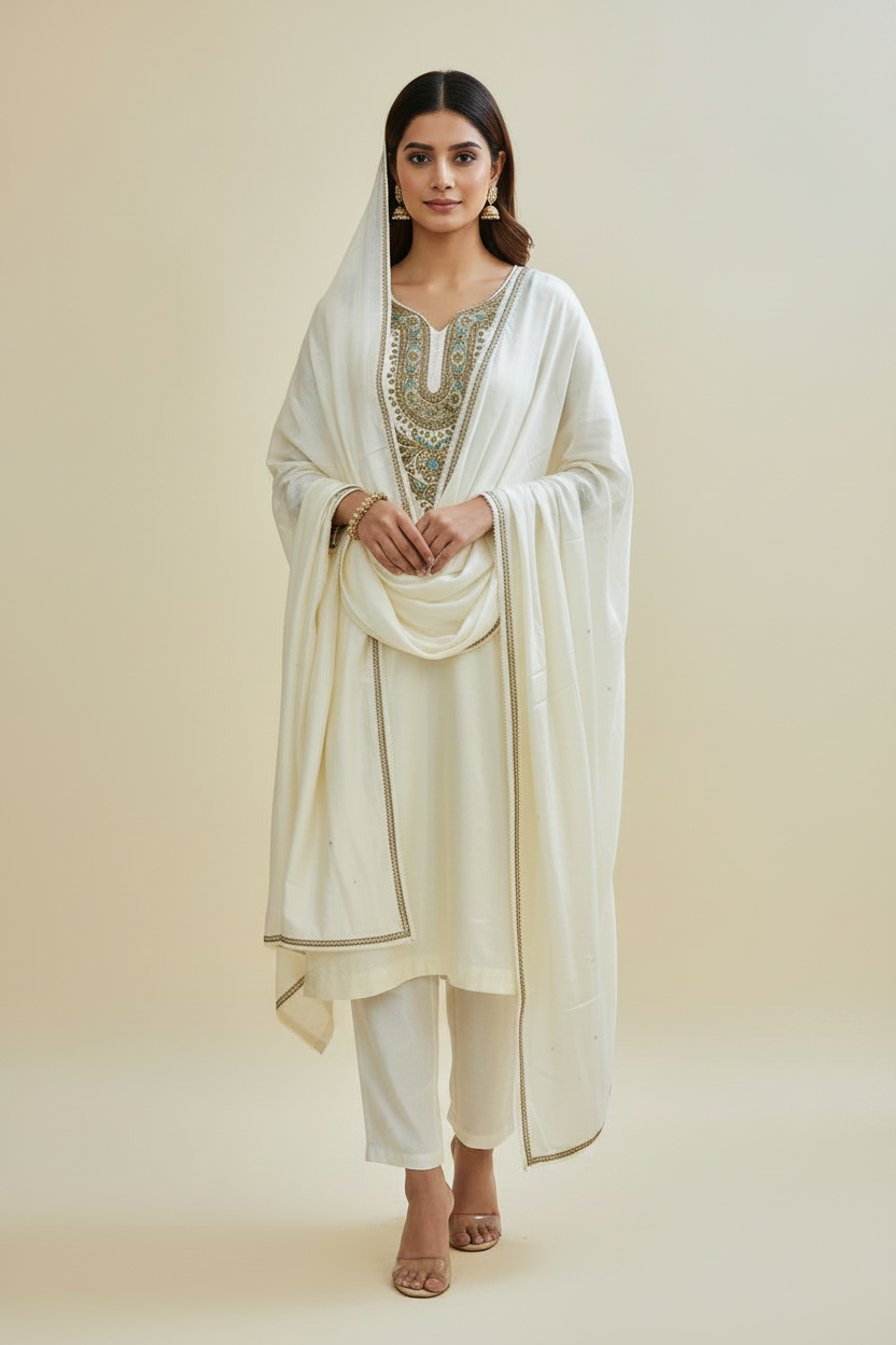Leela Stitched White Tilla Suit Set with Dupatta