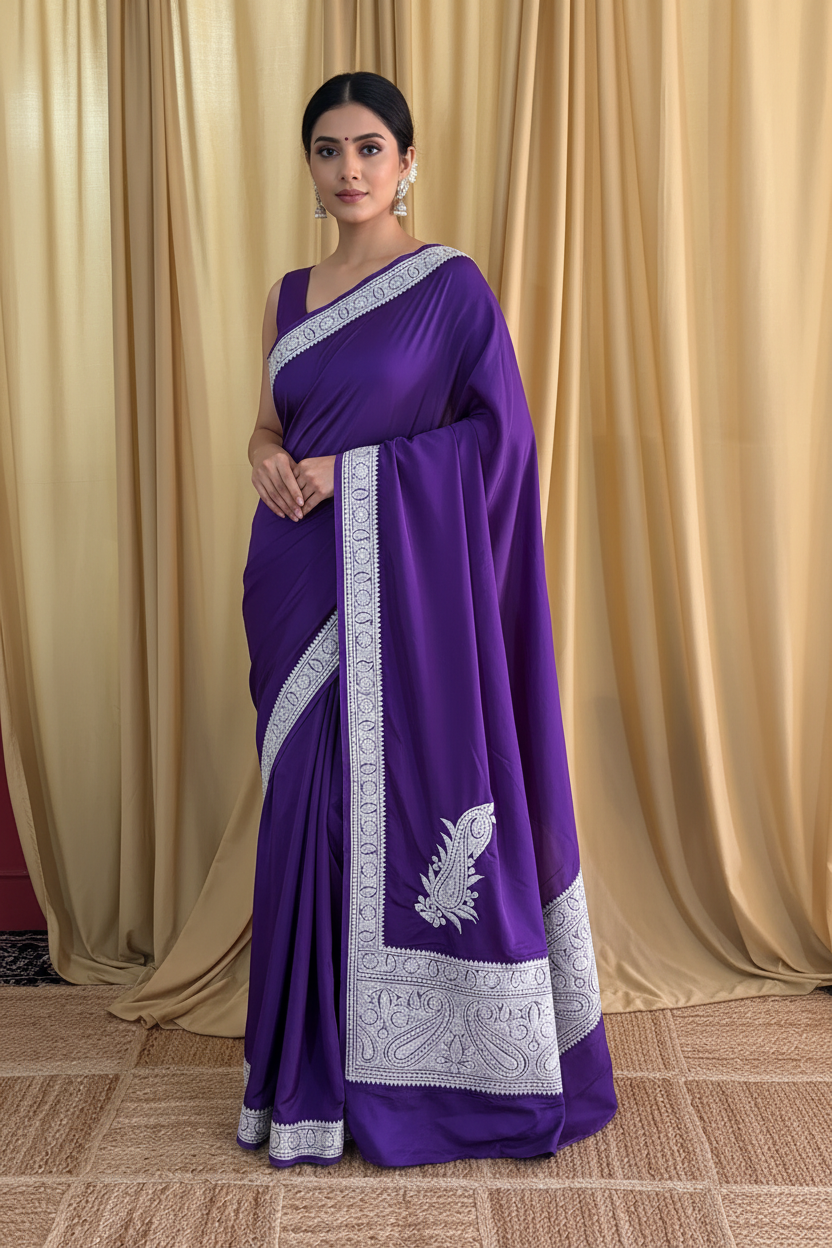 Mahren Purple Crepe Saree With Premium Kashmiri Tilla Embroidery