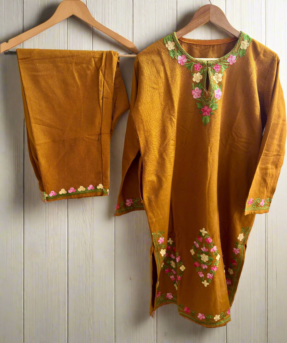 Gulaab Mustard with Multi Colour Aari Embroidery Work Phiran Cord Set