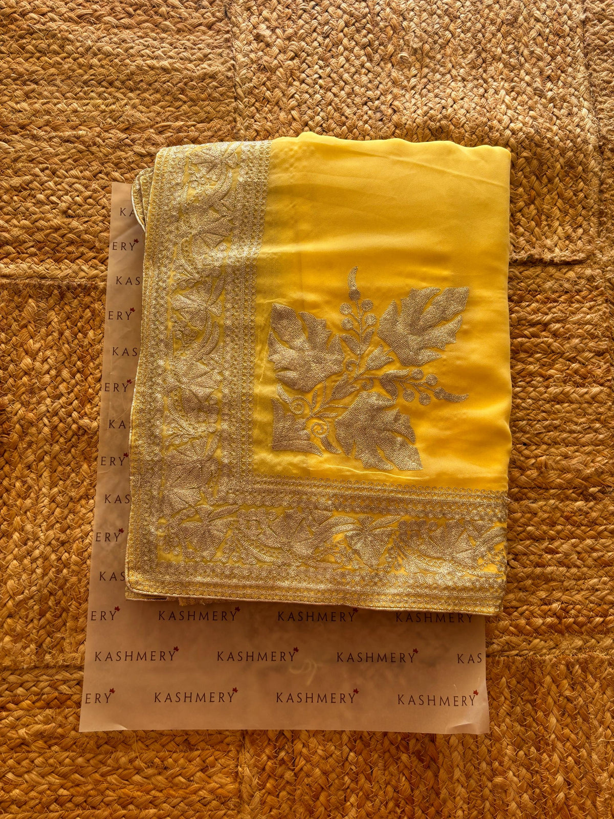 Lailaa Yellow Saree with Kashmiri Zari Embroidery