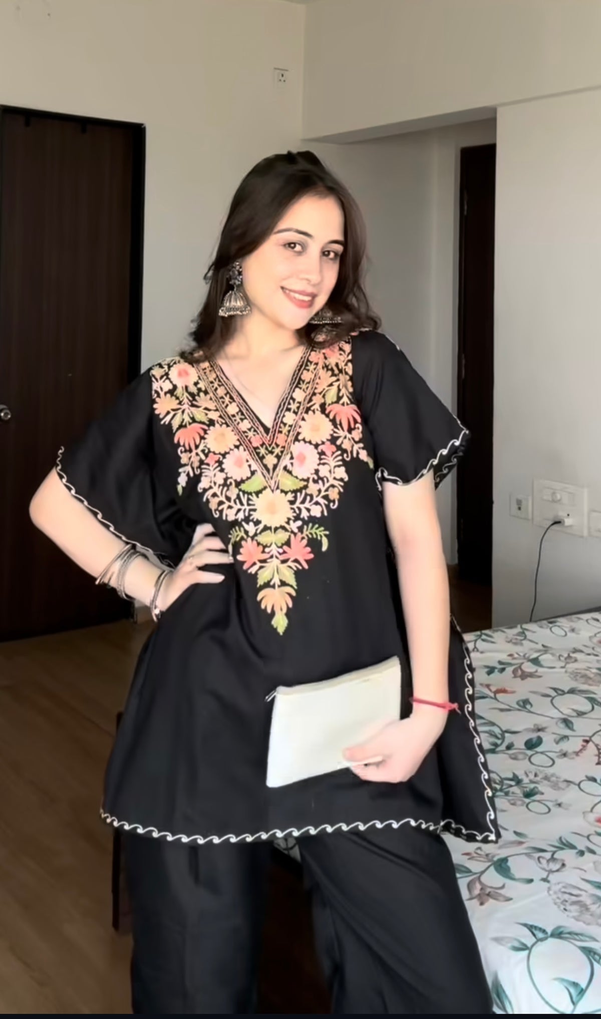 Lailaa Black Short Kaftan Set with Aari Work Embroidery