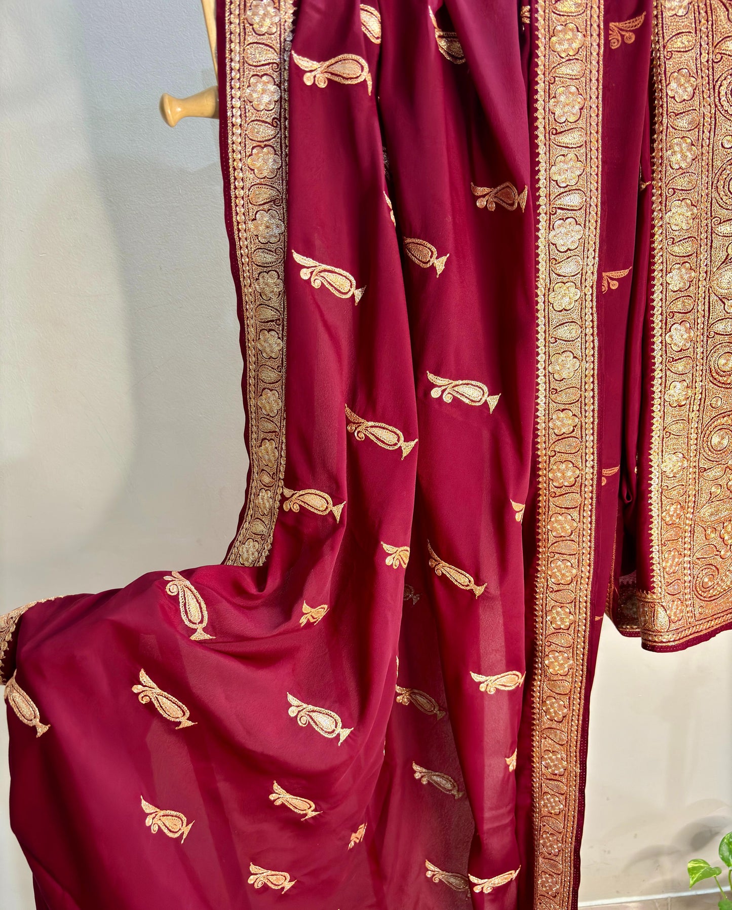 Mahren Royal Maroon Crepe Saree With Kashmiri Tilla Embroidery