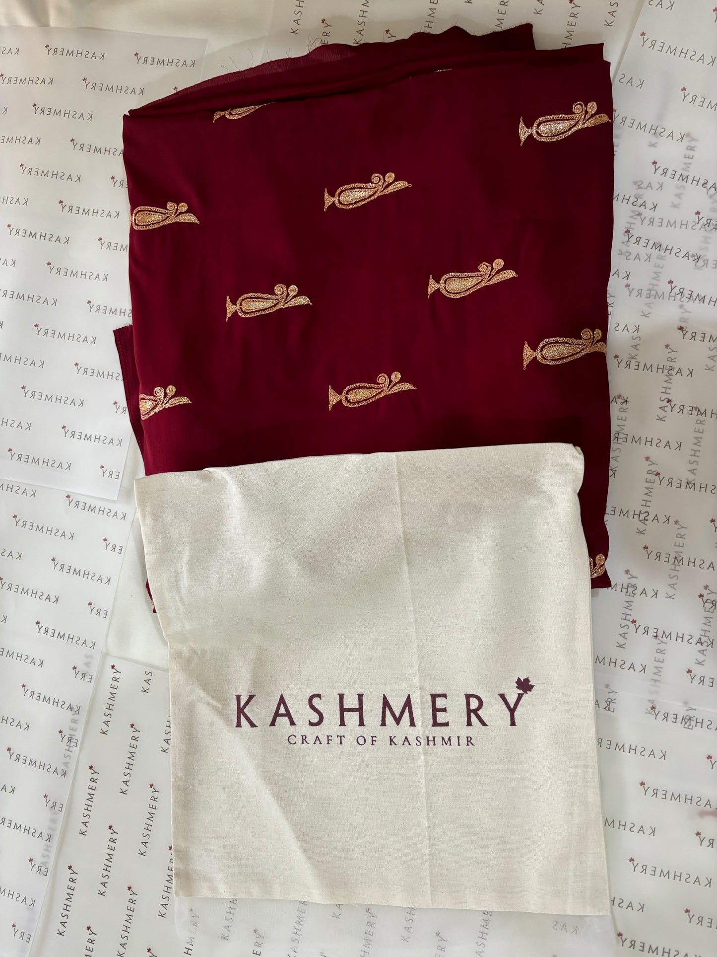 Mahren Redish Maroon Crepe Saree With Kashmiri Tilla Embroidery