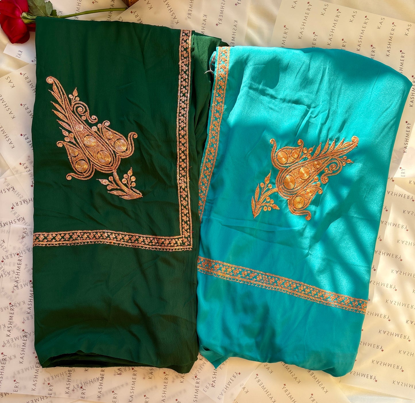 Omang Green Crepe Saree with Kashmiri Tilla Embroidery