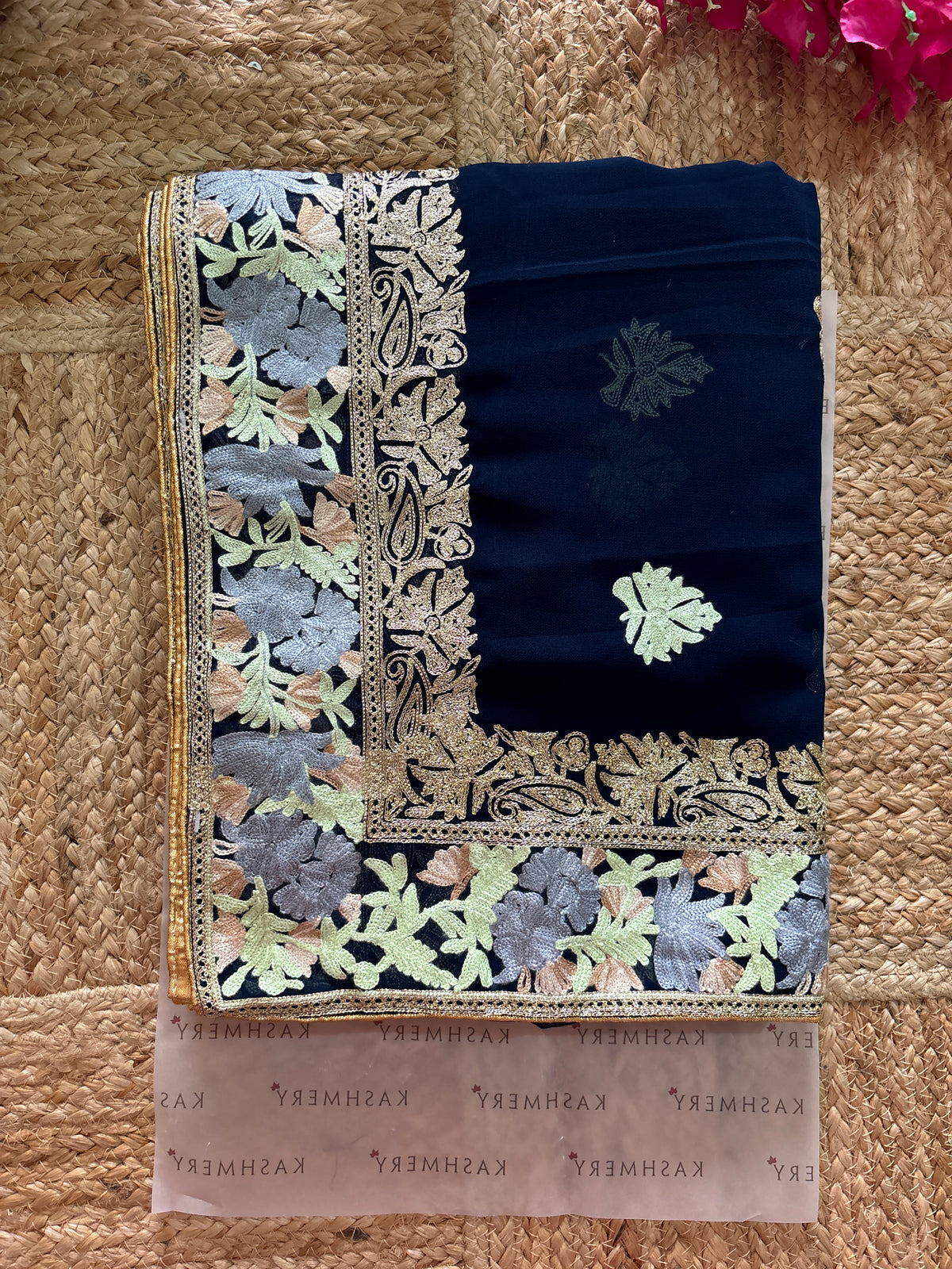 Lailaa Dark Blue Aari Work Saree