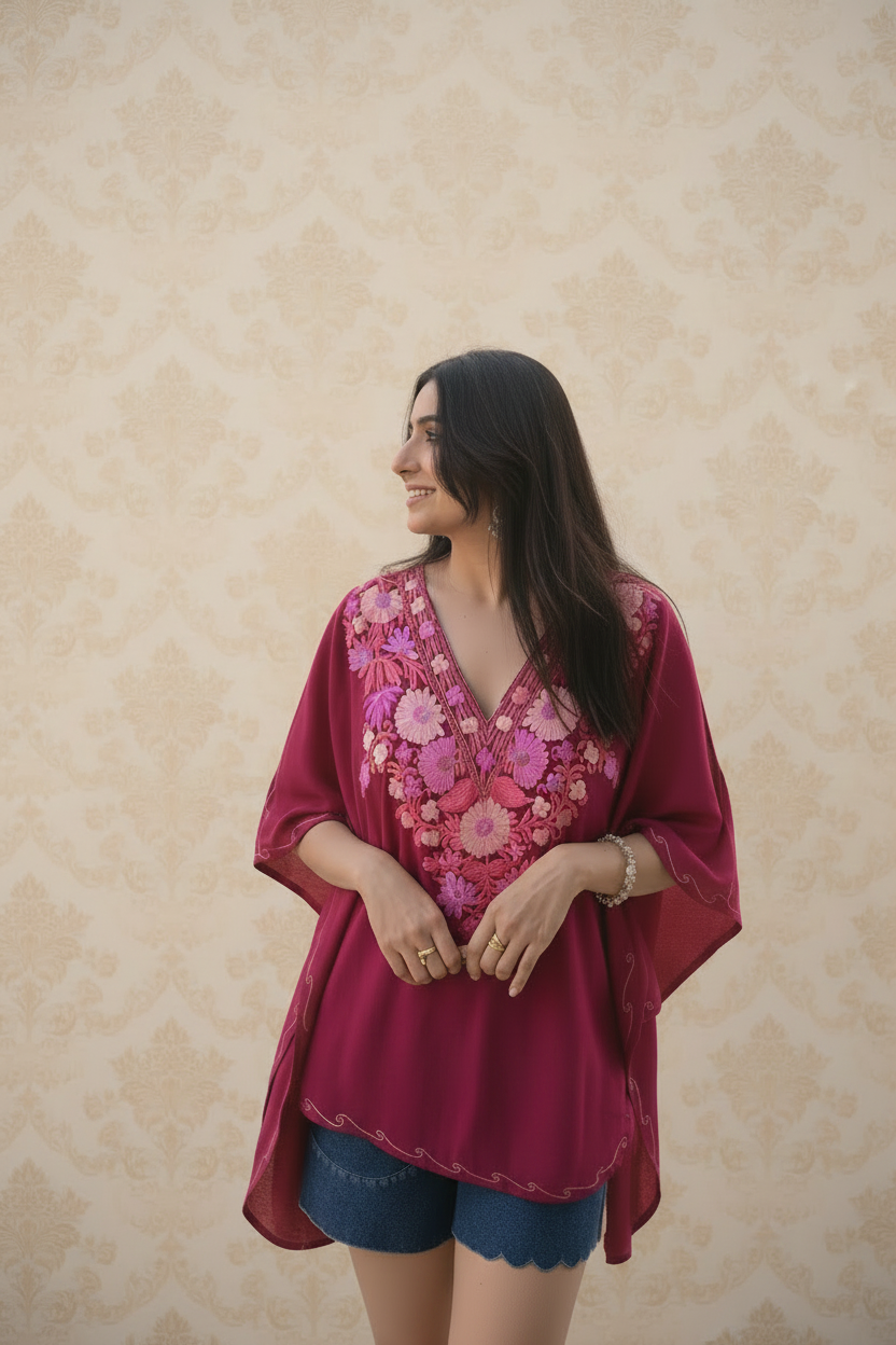 Lailaa Magenta Pink Mini Kaftan Top with Pink Aari Embroidery