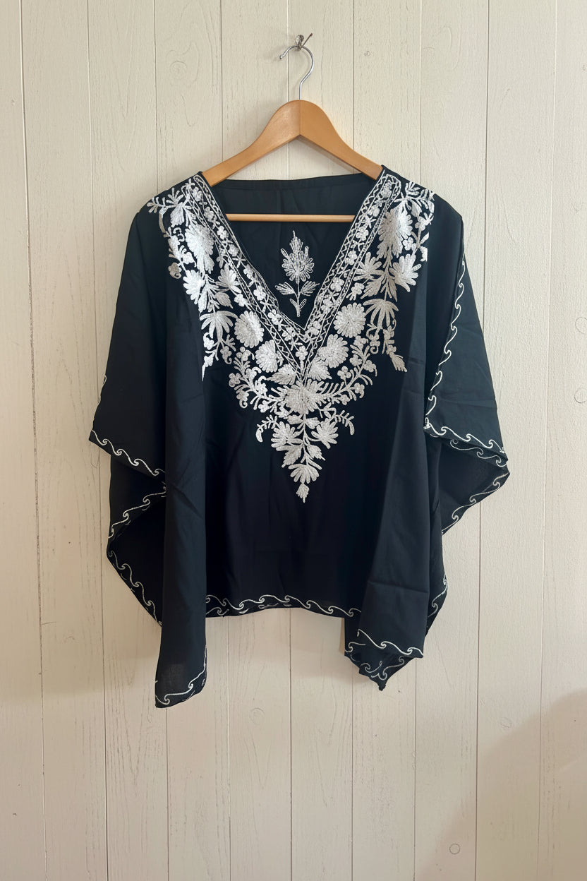 Lailaa Black Mini Kaftan Top with White Aari Embroidery