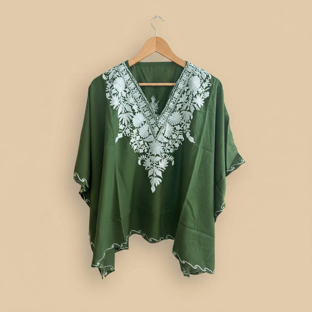 Lailaa Green Mini Kaftan Top with White Aari Embroidery