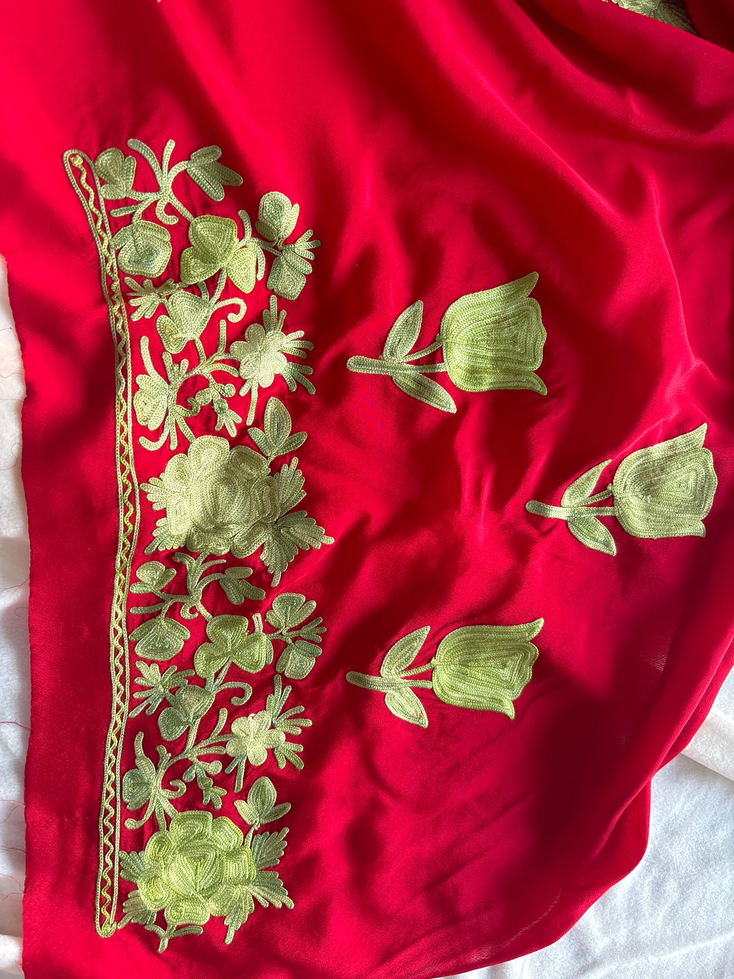 Posh Red Crepe Georgette Saree with Kashmiri Aari Embroidery