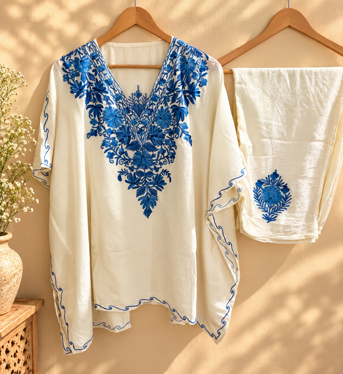 Lailaa white Short Kaftan Set with blue Work Embroidery