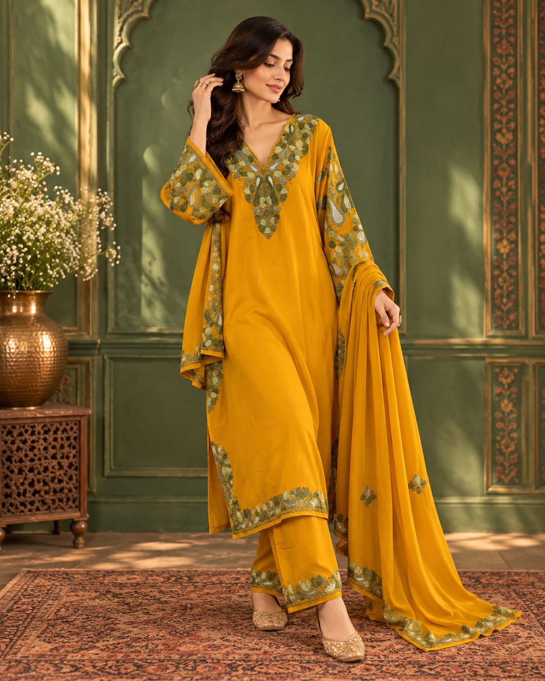 Pamposh Mustard Crepe suit-Set with Dupatta