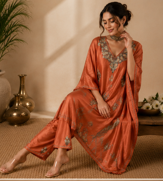 Lailaa Rust Orange Silk Kaftan Set with Tilla-Aari Embroidery