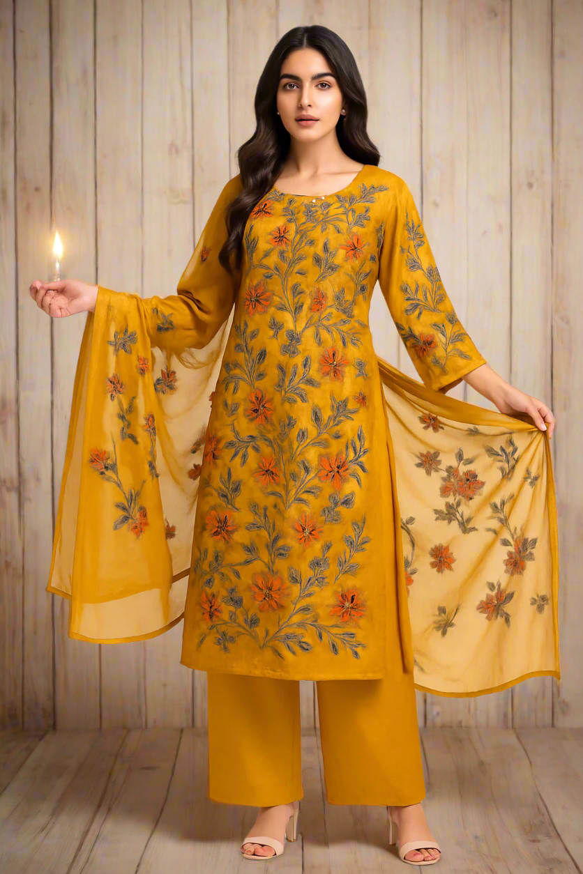 Heer Mustard Kashmiri Silk Unstiched Suit with Thread Embroidery