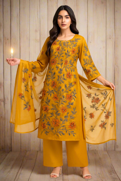 Heer Mustard Kashmiri Silk Unstiched Suit with Thread Embroidery