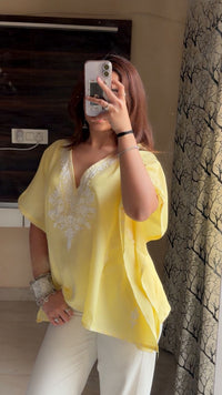 Lailaa Light Yellow Short Kaftan with Aari Work Embroidery